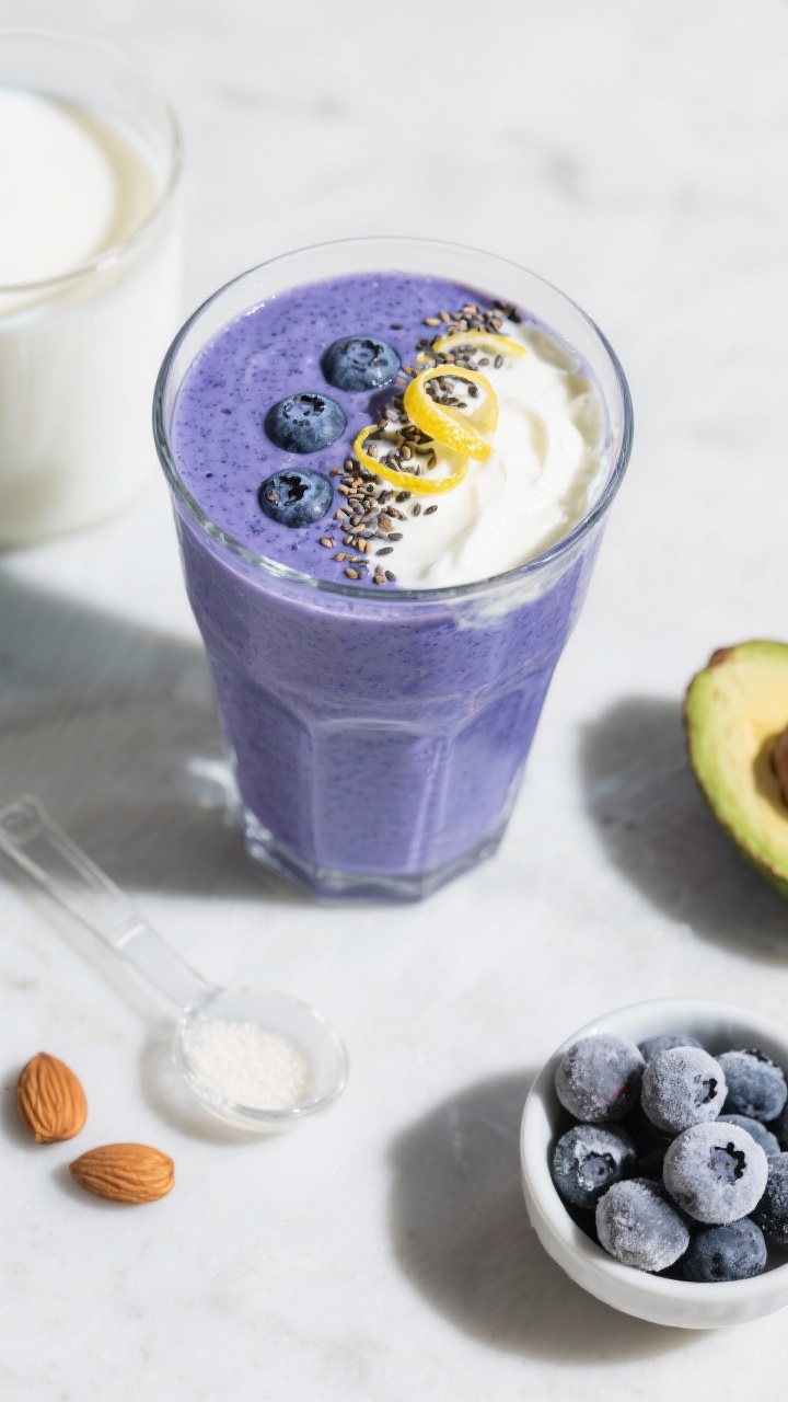 45-degree close-up of a blueberry lemon collagen glow smoothie in a clear glass, vibrant purple-blue hue from frozen blueberries, creamy body from Greek yogurt and avocado, topped with a sprinkle of chia seeds and a delicate lemon zest curl. Ingredients subtly placed: unsweetened almond milk, collagen peptides in a clear scoop, quarter avocado, and a small bowl of frozen blueberries with frost. Clean, bright, fresh wellness aesthetic.