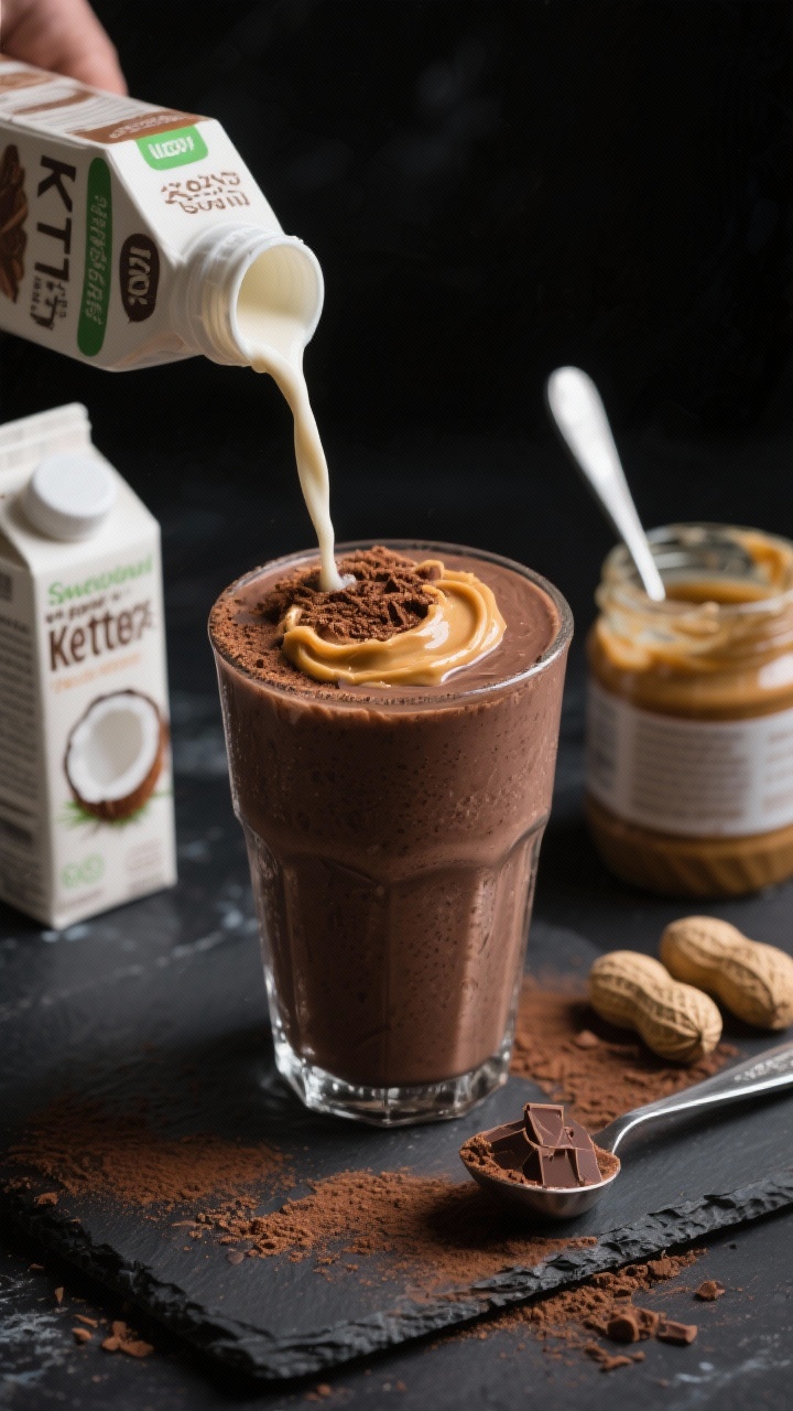 45-degree close-up of a rich chocolate peanut butter keto smoothie poured into a frosty tumbler, topped with a dusting of unsweetened cocoa and a swirl of peanut butter. Surrounding elements include a carton-style unsweetened coconut milk pour, a jar of natural peanut butter with a spoon mark, a metal scoop of chocolate protein powder, and cocoa powder scattered on a dark slate. Deep moody lighting to emphasize chocolatey tones, sharp focus on creamy surface.
