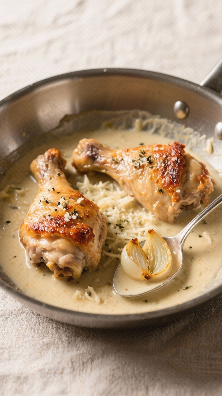 45-degree close-up of Creamy Garlic Parmesan Chicken Thighs With Crispy Edges: bone-in, skin-on chicken thighs with deeply rendered, crackling skin, seasoned with kosher salt, black pepper, and Italian seasoning; thinly sliced garlic and a small shallot sautéed to golden around the thighs in a shallow pool of velvety Parmesan cream; served in a stainless sauté pan with spoon trails showing sauce thickness, warm directional light highlighting crispy skin and sauce gloss, neutral linen backdrop