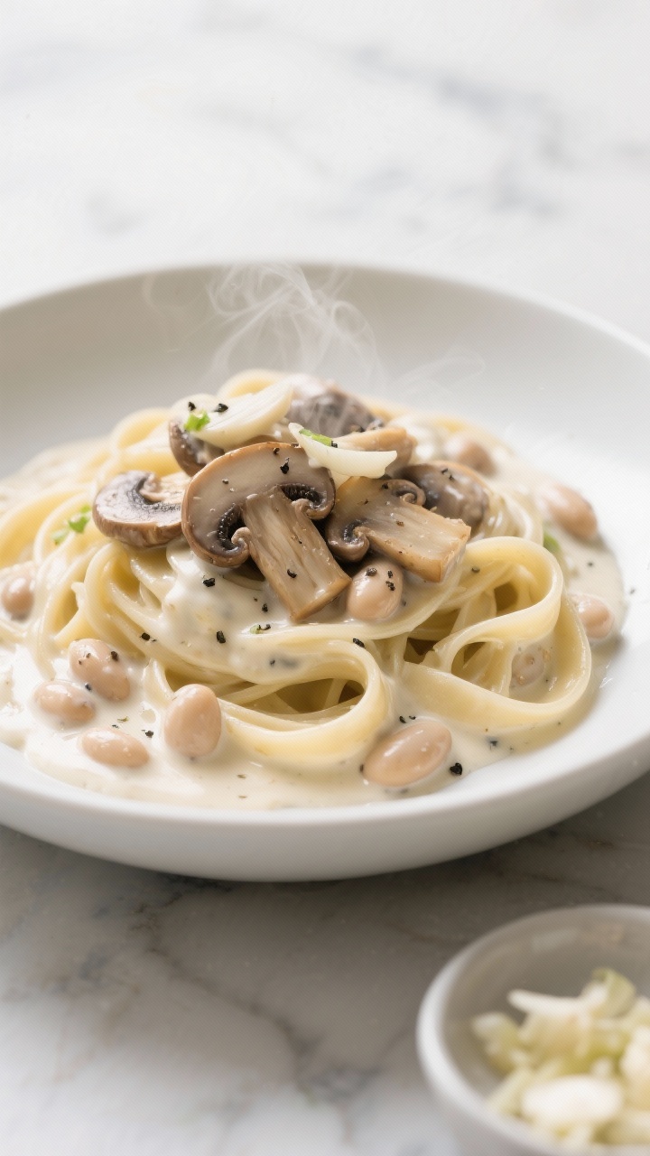 45-degree close-up of creamy white bean Alfredo fettuccine: glossy sauce made from cannellini beans and unsweetened plant milk coating whole-grain/chickpea pasta, topped with garlicky sautéed cremini mushrooms and a dusting of cracked black pepper; steam rising, set in a wide shallow white bowl on a light marble surface with a small dish of minced garlic in frame.