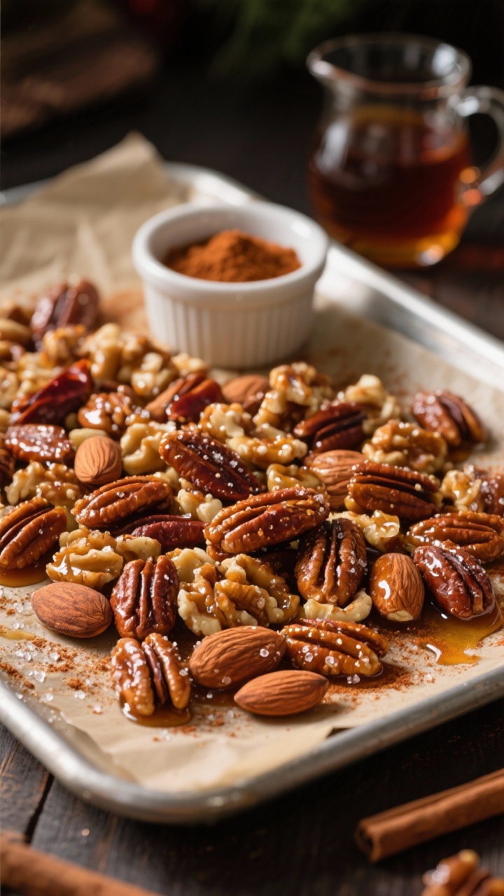 45-degree close-up on a parchment-lined sheet pan: Mixed nuts (pecans, walnuts, almonds) glossy with a lacquer of pure maple syrup, brown sugar, and melted butter, dusted with ground cinnamon and a visible sprinkle of chipotle chile powder; tiny caramelized bubbles and crystalline sugar edges catching the light, a small ramekin of extra chipotle and a maple syrup pitcher in the background softly blurred; dramatic side lighting to highlight texture, crisp, holiday-warm tones.