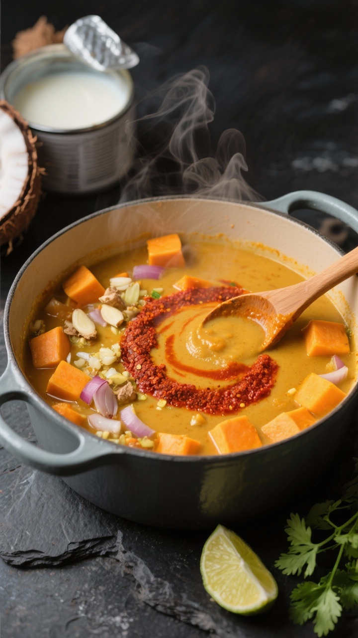 45-degree cooking process shot for Cozy Coconut Curry Butternut Squash soup: diced butternut squash simmering in a Dutch oven with coconut oil-sautéed onion, minced ginger and garlic, and a vivid swirl of red curry paste blooming in the center; steam rising, creamy coconut milk can in the background partly opened, a wooden spoon coated in orange-gold curry sauce resting on the pot rim; styled on a dark stone surface with lime wedge and cilantro sprigs off to the side to hint warmth and comfort.