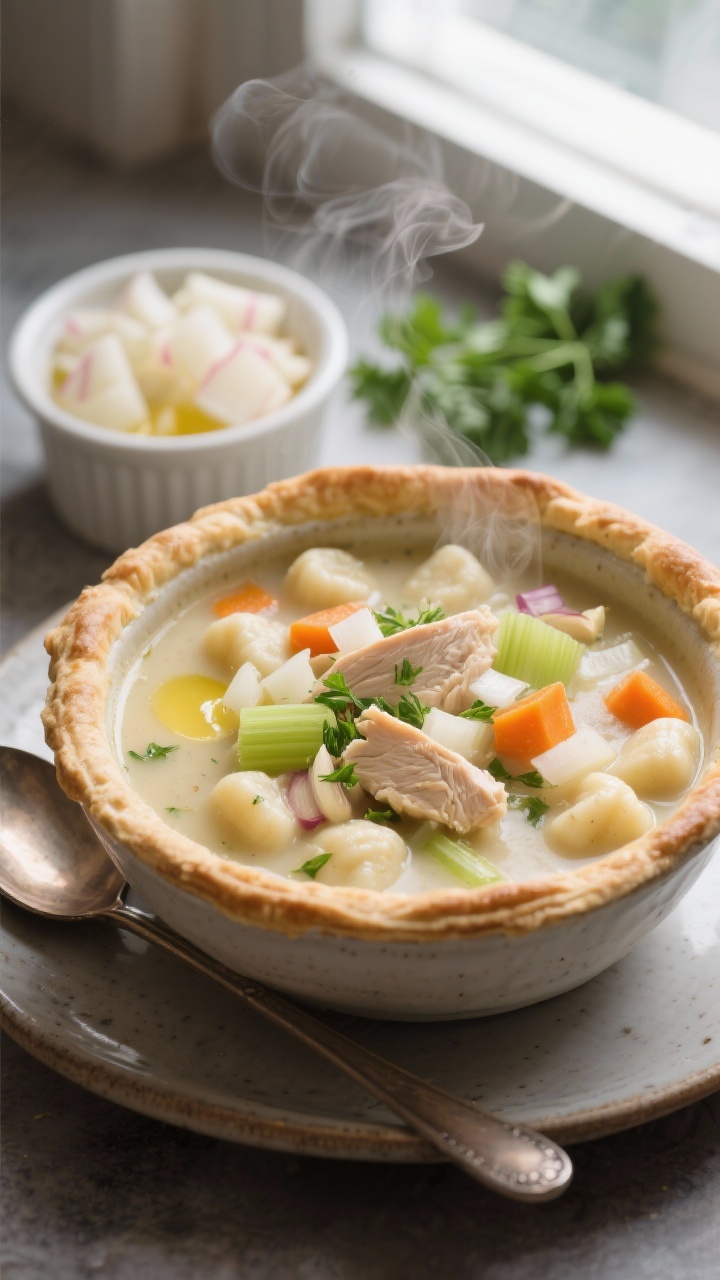 45-degree cozy bowl of Chicken Pot Pie Keto Gnocchi Soup: creamy broth with butter/ghee and olive oil base, loaded with diced onion, celery, carrots (or turnip for stricter keto), minced garlic, tender chicken pieces, and plump keto gnocchi; garnished with fresh herbs; served in a deep ceramic bowl with a ladle nearby; steam rising, soft window light; a small ramekin of diced turnip and a sprig of parsley in the background to emphasize comforting, homestyle warmth.