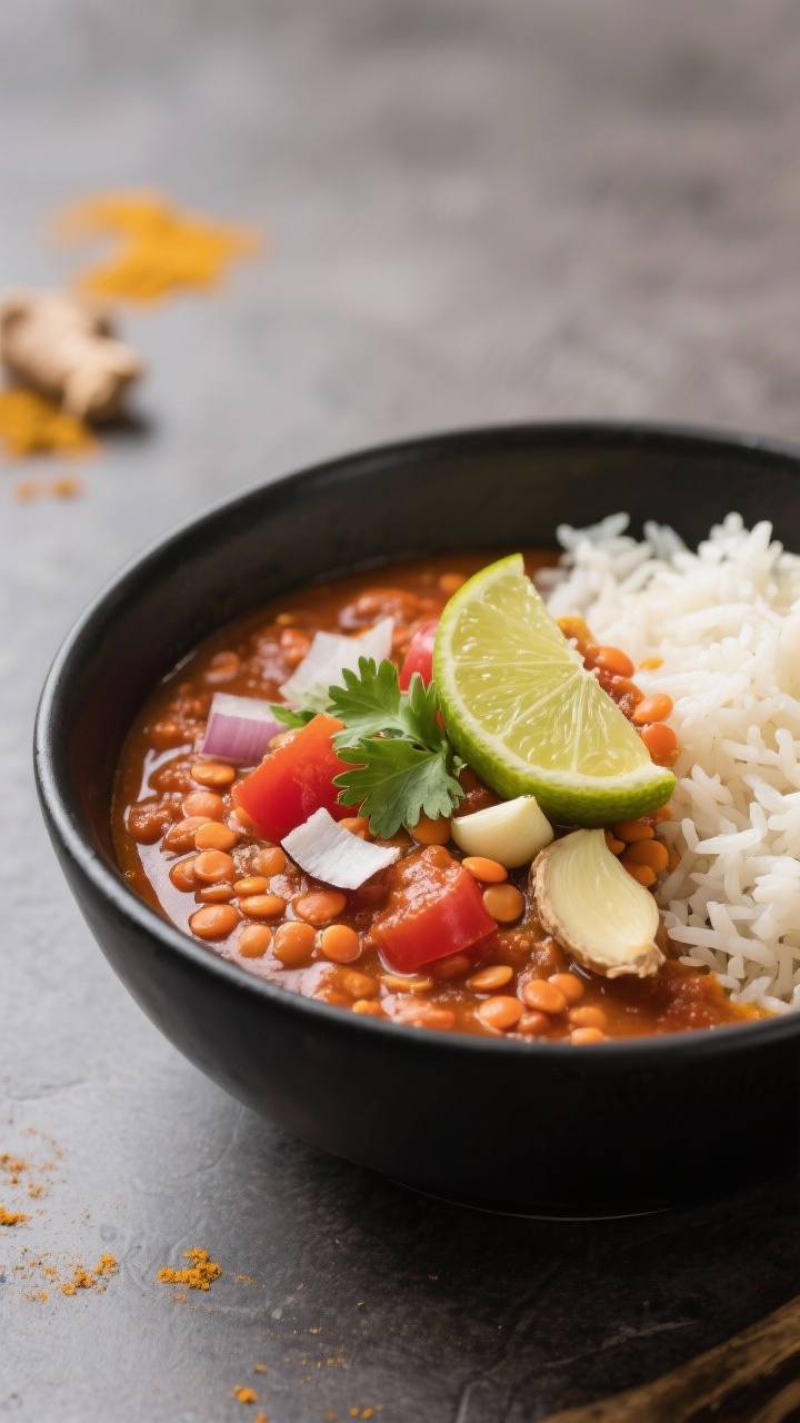45-degree cozy bowl shot: one-pot red lentil tomato curry simmered with coconut oil, diced onion, garlic, grated ginger, curry powder, turmeric, garam masala, red lentils, and crushed tomatoes, finished with coconut and a squeeze of lime; garnished with cilantro and lime wedge; served in a matte black bowl with fluffy basmati rice in the background.
