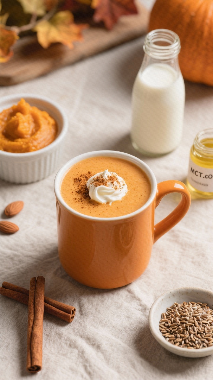45-degree cozy breakfast scene of the Spiced Pumpkin Pie Breakfast Smoothie, warm pumpkin-orange in a handled mug. Garnish with a light sprinkle of pumpkin pie spice and a small swirl of cream cheese or coconut cream on top. Include ingredients staged: a ramekin of pumpkin puree, almond milk bottle, ground flaxseed in a tiny dish, and a small jar labeled MCT/coconut oil. Autumnal props—cinnamon sticks and a neutral linen—soft morning light.