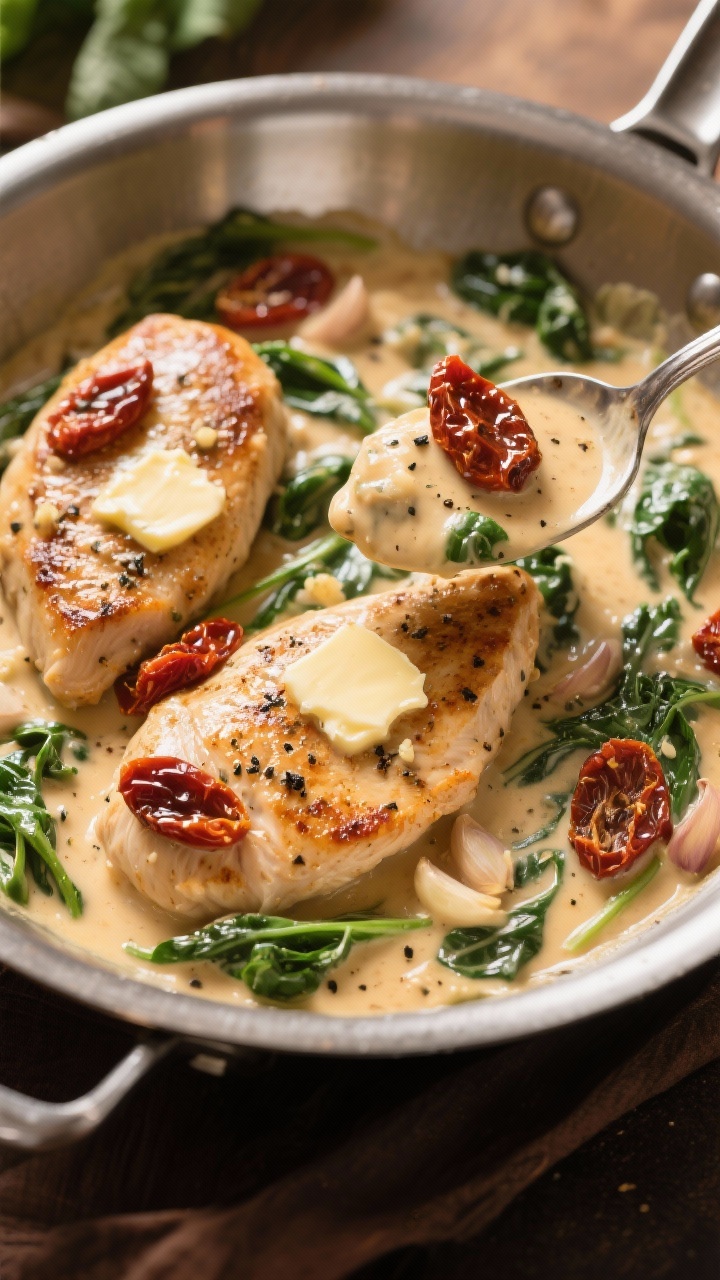 45-degree creamy Tuscan chicken skillet: seared chicken cutlets in a rich cream sauce speckled with Italian seasoning, minced garlic, and black pepper; sun-dried tomatoes scattered throughout and wilted spinach swirling in the sauce; pats of butter melting at the edges; served in a wide stainless pan with a spoon lifting a saucy piece to showcase the glossy texture; warm, inviting light.