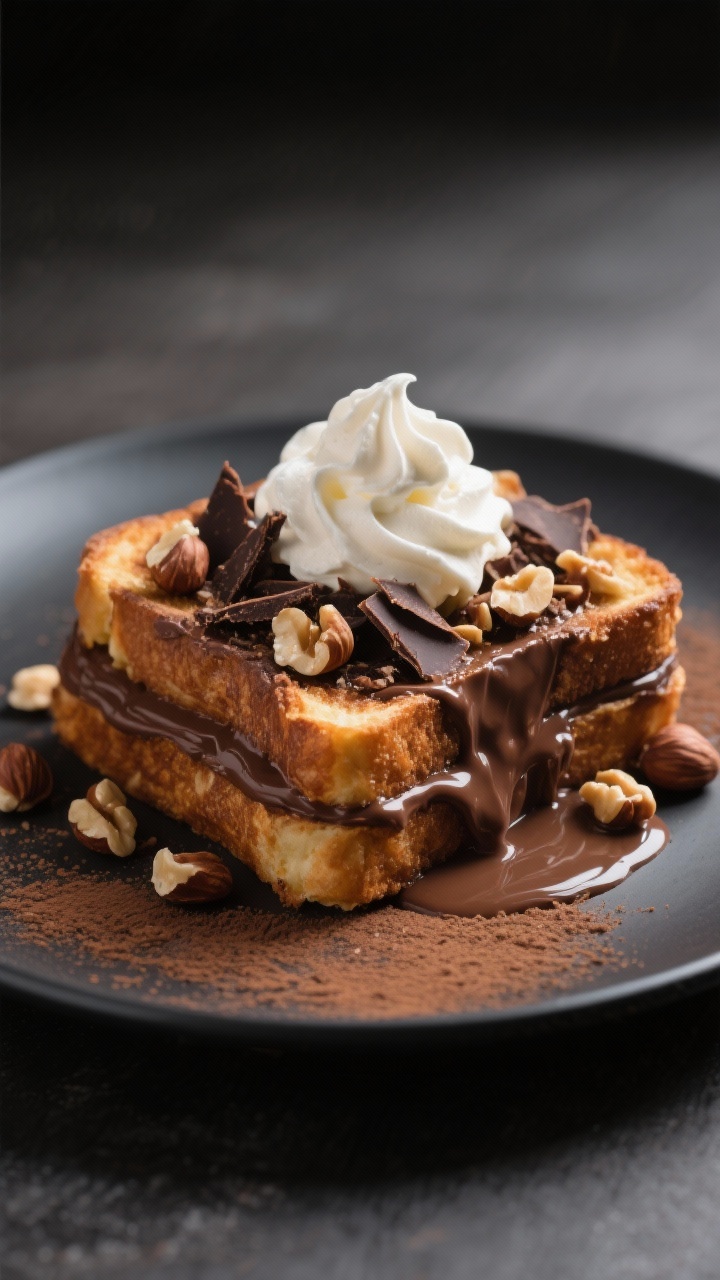 45-degree dessert-forward shot of Chocolate Hazelnut French Toast with Whipped Mascarpone: thick slices layered with sugar-free chocolate-hazelnut spread, crowned with a billowy quenelle of whipped mascarpone, shaved dark chocolate, chopped toasted hazelnuts, and a light drizzle of chocolate sauce. Matte charcoal plate for contrast, cocoa powder whisper on the rim, soft side lighting to highlight gloss and creaminess.