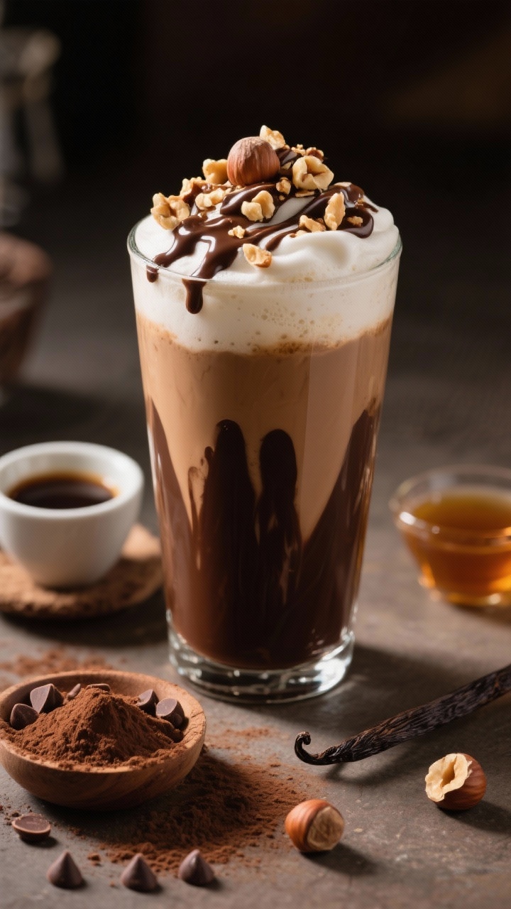 45-degree hero shot of a Toasted Hazelnut Mocha in a tall glass, layered: dark mocha base with velvety microfoamed soy/oat milk “vanilla cloud” on top; chocolate drizzle and toasted chopped hazelnuts sprinkled over; nearby props include espresso cup, cocoa powder, dairy-free chocolate chips, a small dish of hazelnut syrup, and a vanilla pod; dramatic side-light, rich browns and creams, inviting café aesthetic.