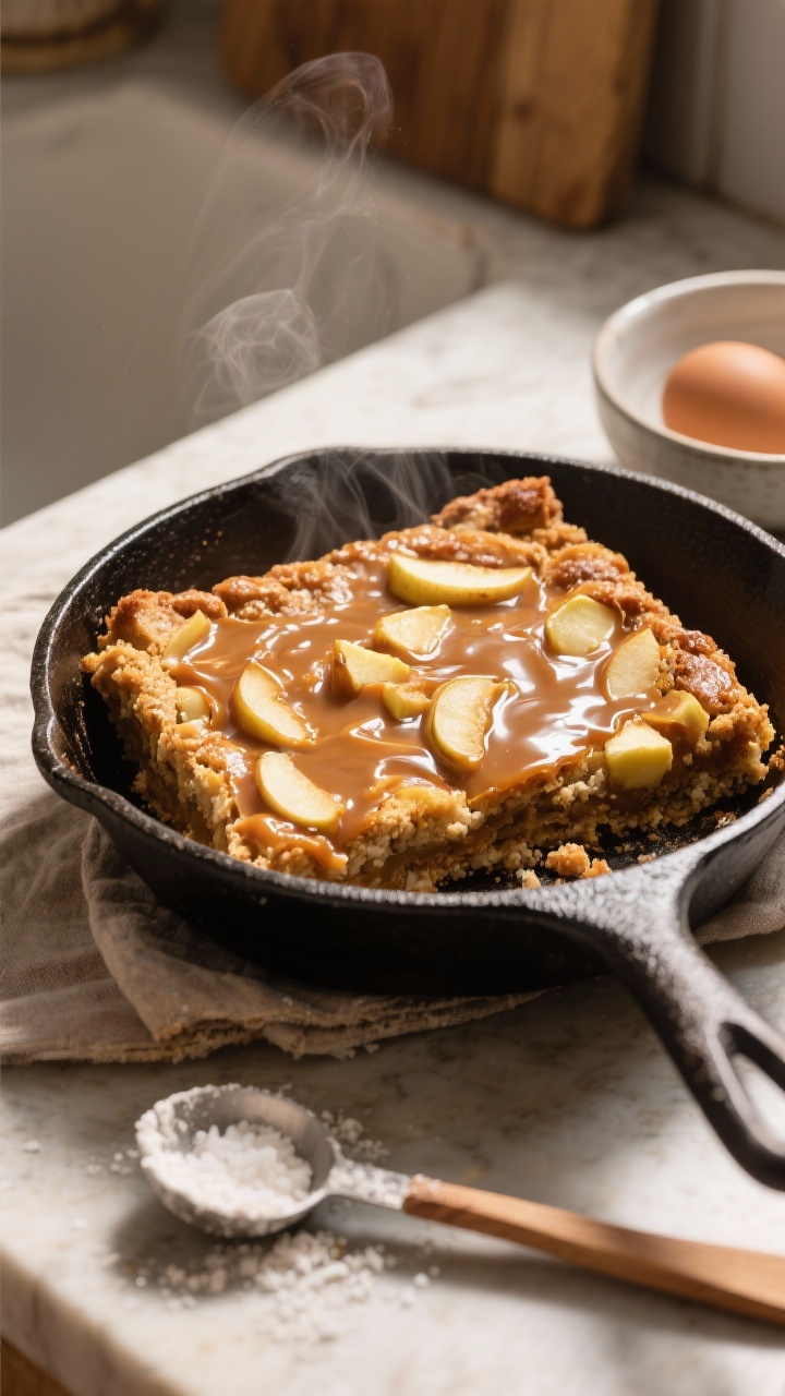 45-degree in-skillet scene for Skillet Salted Caramel Apple Dessert Bars (One-Bowl, No Mixer): a cast-iron skillet holding the just-baked bar with crackly caramel top, golden edges, and visible apple bits, made from unsalted butter, granulated sugar, light brown sugar, a large egg, vanilla, all-purpose flour, and salt; a wooden spoon resting on the side, measuring spoon dusted with flour, and a small bowl of flaky salt nearby; a warm, homey countertop setting, natural afternoon light, steam barely rising, focus on gooey caramel pockets and tender crumb.