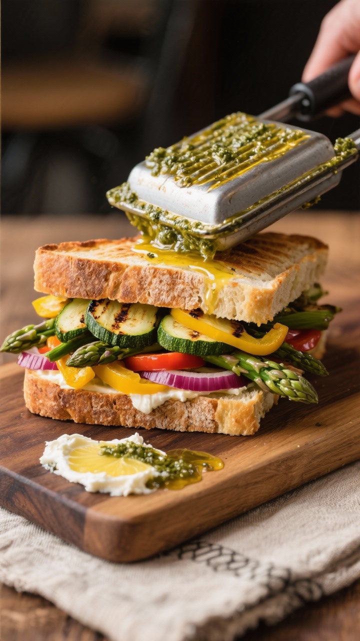 45-degree panini press action shot for Pesto-Grilled Veggie Panini: sourdough slices brushed with olive oil, layered with grilled zucchini planks, yellow bell pepper strips, red onion slices, and tender asparagus spears; a swipe of lemon ricotta spread visible at the edge, streaks of glossy basil pesto peeking out as the press creates golden, crisp ridges; melted edges, wood board and linen for a cozy café aesthetic.