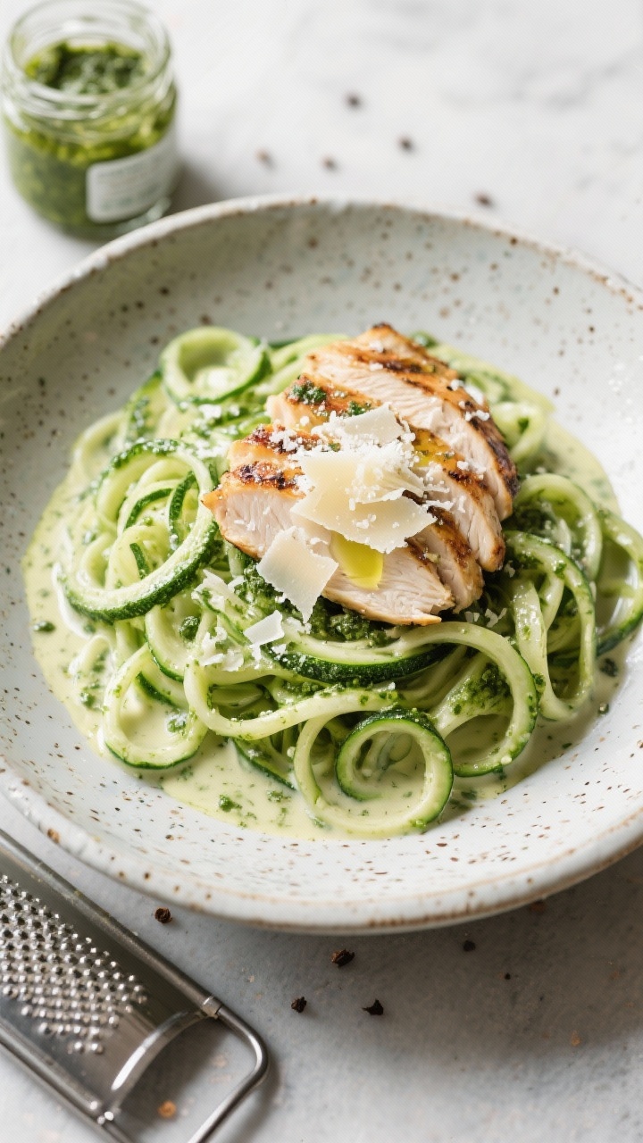 45-degree plated bowl of creamy pesto zoodles with grilled chicken: spiralized zucchini coated in a silky basil pesto–heavy cream sauce, ribbons glistening; slices of cooked grilled chicken fanned on top, grated Parmesan snowed over; a drizzle of olive oil and cracked pepper; bright, fresh green tones; served in a shallow speckled ceramic bowl with a small jar of pesto and a microplane grater in frame.