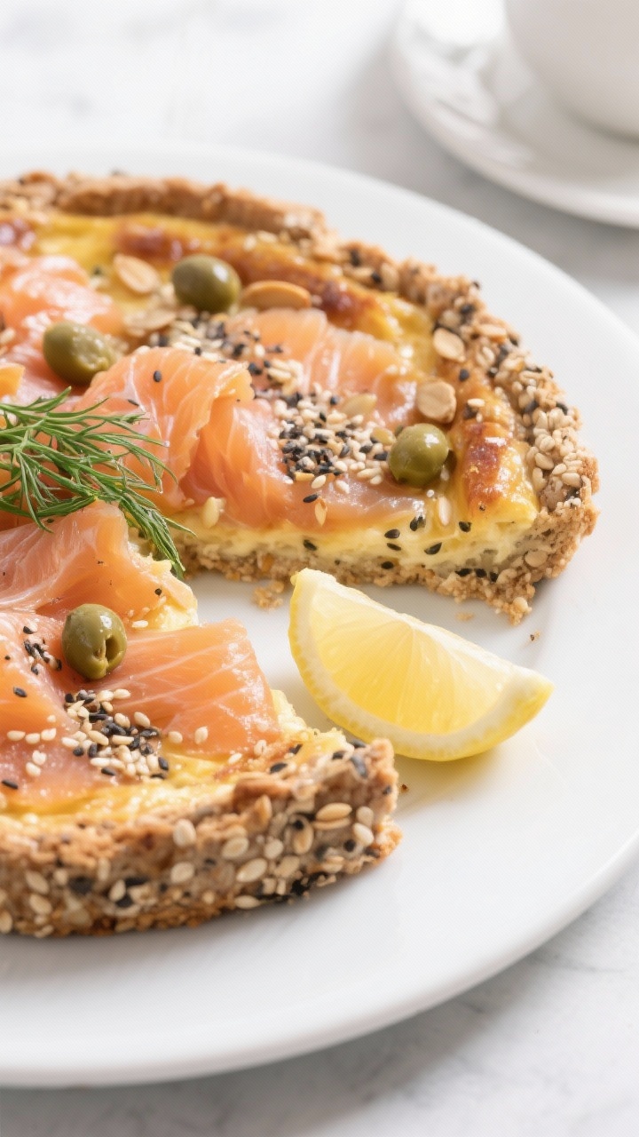 45-degree plated brunch scene for an Everything Bagel Seed Crust Quiche with Smoked Salmon: a speckled crust made from almond flour, ground flaxseed, sesame seeds, poppy seeds, sunflower seed meal, kosher salt, garlic and onion powder, baked to toasty tan; topped post-bake with silky folds of smoked salmon, a few capers and fresh dill fronds for aroma; served on a matte white plate with a lemon wedge; clean Scandinavian mood, soft daylight, seeds visibly crunchy along the rim.