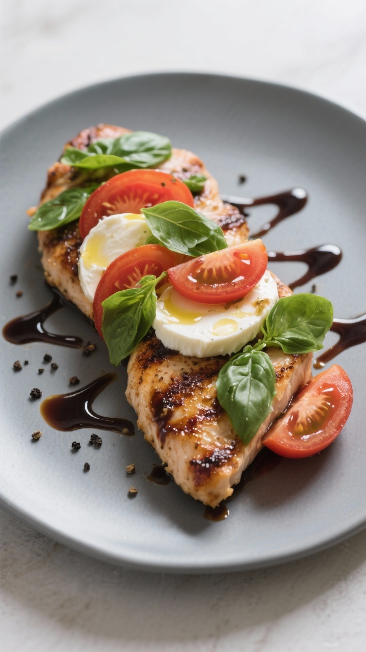 45-degree plated Caprese chicken: juicy seared chicken breasts drizzled with glossy balsamic reduction, crowned with melted fresh mozzarella slices, ripe tomato rounds, and abundant fresh basil leaves; olive oil sheen, coarse black pepper visible; arranged on a matte gray plate with extra balsamic drizzle artfully streaked, minimalist modern styling, bright natural light.