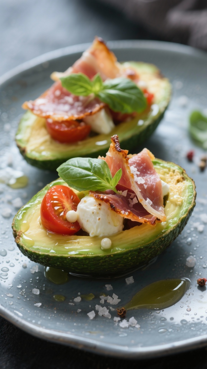 45-degree plated close-up: Caprese stuffed avocados with crispy prosciutto. Ripe avocado halves filled with cherry tomato halves and fresh mozzarella pearls, drizzled with extra-virgin olive oil and a careful splash of low-sugar balsamic vinegar. Prosciutto slices baked until shatteringly crisp, leaned against the avocado. Sea salt flakes and cracked pepper over glossy cut surfaces. Cool, hydrated mood—condensation on a chilled plate, basil leaves for freshness.