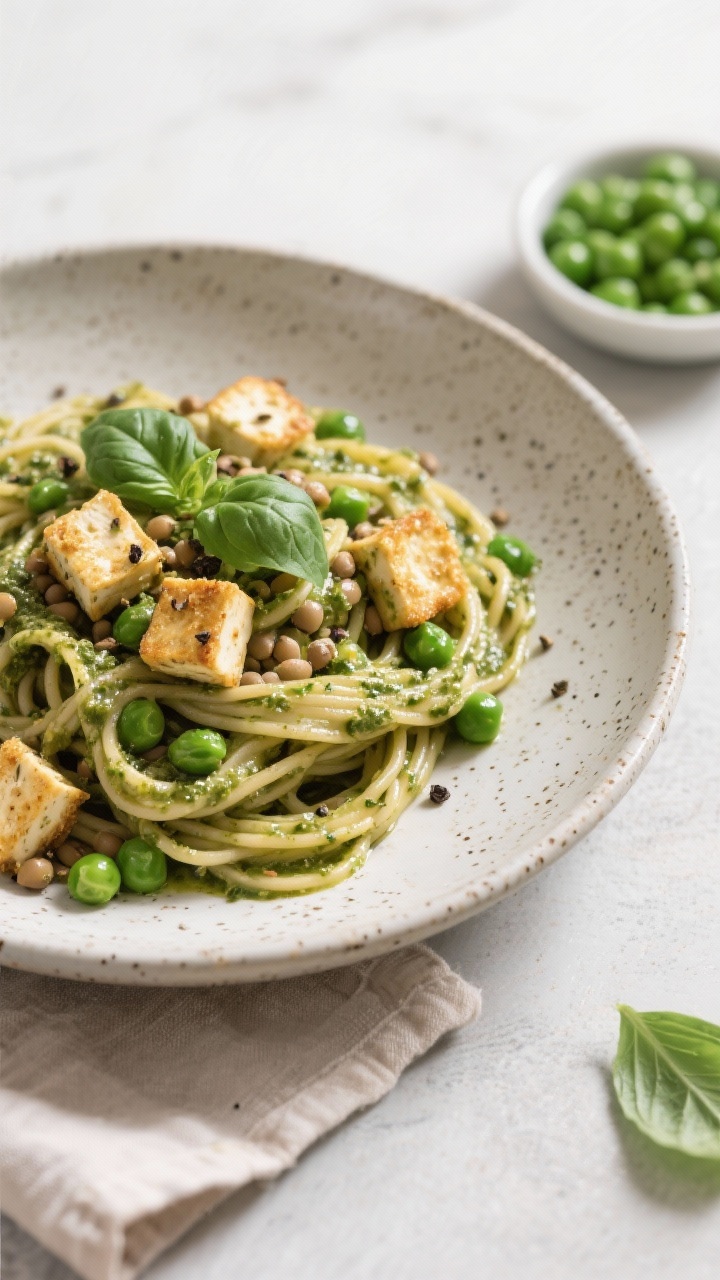 45-degree plated pasta: creamy pesto pasta tossed with vibrant green peas and crowned with golden crispy tofu cubes; glossy basil pesto clinging to whole-grain/lentil noodles; sprinkle of cracked pepper and a few whole basil leaves; shallow speckled stoneware bowl on light linen with a small dish of peas nearby.