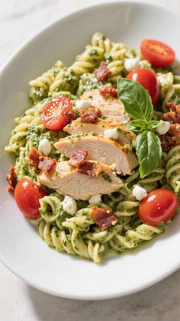 45-degree plated Pesto Ranch Caprese Chicken Bacon Bake: gemelli swirled in a silky ranch-basil pesto and half-and-half sauce with garlic powder, topped with sliced cooked chicken, crisp bacon crumbles, juicy halved cherry tomatoes, and melted mozzarella pearls; fresh basil leaves scattered; served in a shallow white bowl, light olive oil sheen, bright natural light for vibrant green pesto and red tomatoes.