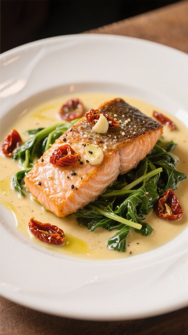 45-degree plated presentation: creamy Tuscan salmon, skin-on fillets nestled in a rich butter and garlic cream sauce with ribbons of wilted spinach and jewel-like sun-dried tomatoes; fillets seasoned with sea salt, black pepper, and garlic powder, finished with a glossy avocado oil sear; sauce pooling artfully on a shallow white plate, garnished with a few extra sun-dried tomato pieces; warm golden light highlighting flaky salmon and silky sauce, Italian-inspired comfort.