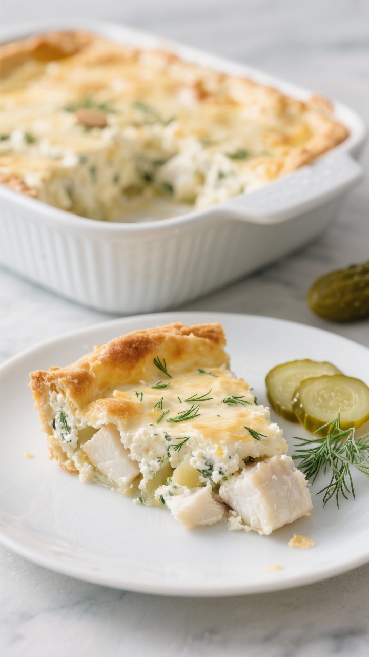 45-degree plated presentation of a cottage-cheese crust fish pie with dill pickles. A slice on a simple white plate shows the tender white fish chunks (cod/haddock) in a creamy filling beneath a lightly golden crust made from cottage cheese, almond flour, Parmesan, and egg; flecks of dill pickle stud the filling for briny pops. The baking dish sits behind the plate with a corner missing; garnished with thin pickle coins and fresh dill. Soft daylight for a clean, coastal feel.