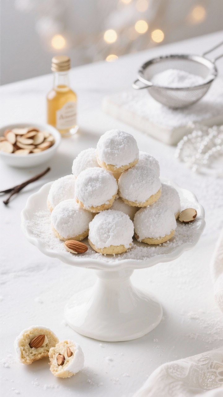 45-degree plated presentation of Almond Wedding Snowballs: a pyramid of perfectly round, snowy cookies on a delicate white cake stand, with a few split open to reveal tender crumb and flecks of almond. Include a tiny bottle of almond extract and vanilla extract in the background, a sieve with powdered sugar, and a small dish of slivered almonds. Light, airy mood with soft bokeh holiday lights, crisp whites and creams, gentle shadows, professional styling focused on elegance and celebration, no people.