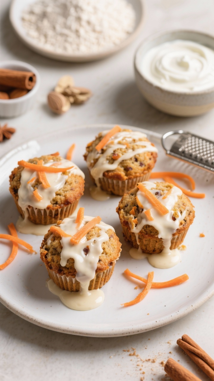 45-degree plated presentation of carrot cake morning muffins drizzled with a creamy yogurt glaze that pools slightly on the plate; visible flecks of grated carrot and warm spices; backdrop includes white whole wheat flour, almond flour, baking powder, baking soda, ground cinnamon, ground ginger, a bowl of thick yogurt for glaze, and a fine zester; garnish with a few carrot ribbons and a pinch of cinnamon; warm, inviting light, clean ceramic plate, crisp detail.