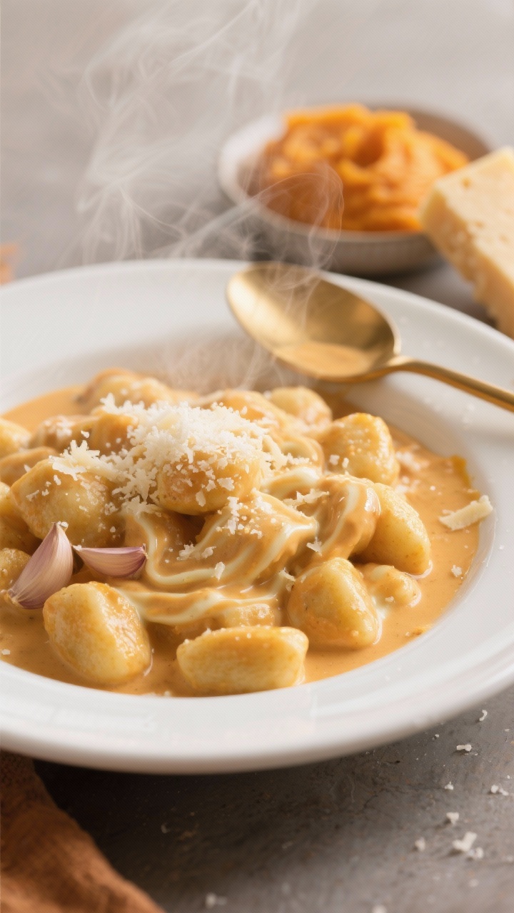 45-degree plated presentation of Creamy Pumpkin Alfredo Keto Gnocchi: pillowy keto gnocchi coated in velvety pumpkin Alfredo sauce, swirled with heavy cream and melted Parmesan; hints of minced garlic visible; topped with a fine snow of Parmesan and a light sprinkle of salt; served in a shallow white bowl with a golden spoon; soft, cozy fall tones with a small dish of unsweetened pumpkin puree and a wedge of Parmesan in the background; steam gently rising for a comforting feel.