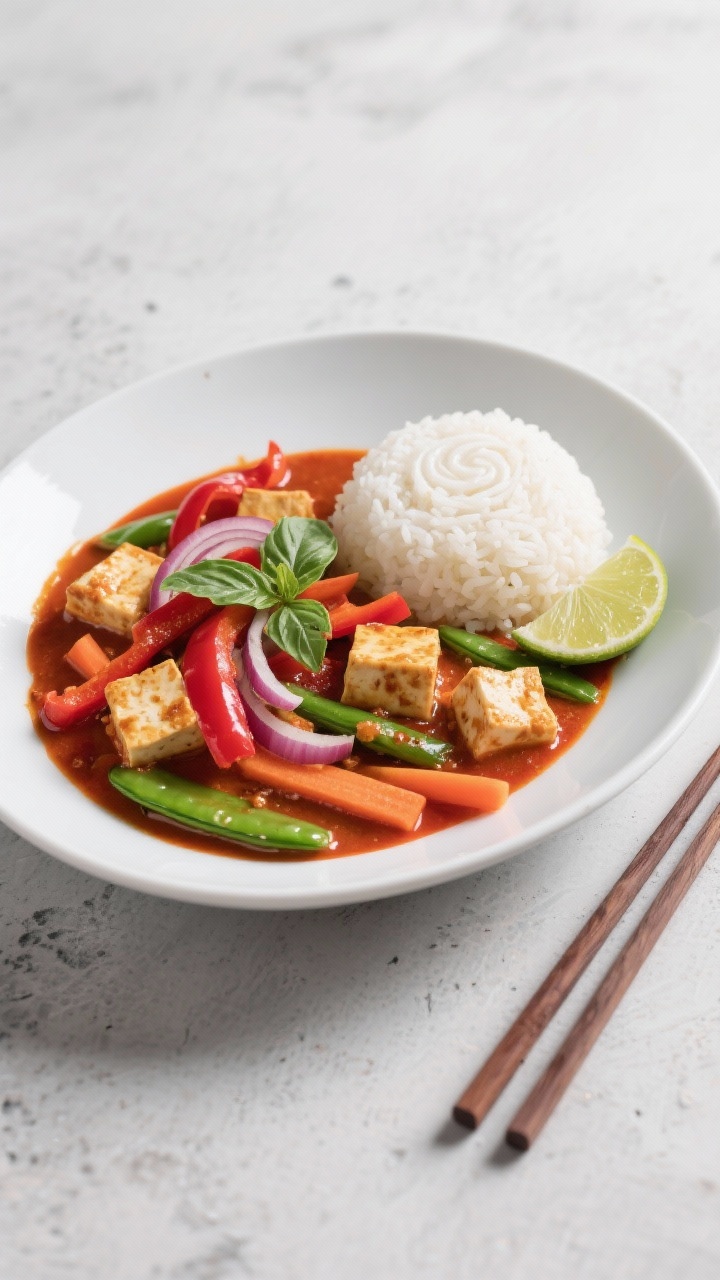 45-degree plated presentation of creamy Thai red curry with tofu and veggies in a wide white bowl: crispy-edged cubes of extra-firm tofu, glossy red curry coconut sauce, sliced red onion, red bell pepper strips, bright snap peas, and carrot matchsticks. Finish with Thai basil and lime wedges on the side, a drizzle of coconut milk swirl, and jasmine rice molded in a small dome. Clean, modern styling on a light concrete surface, chopsticks resting nearby, saturated reds and greens popping against the creamy sauce.