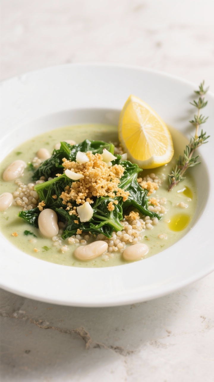 45-degree plated presentation of creamy white bean, kale, and quinoa soup with a lemon-garlic crunch topping: silky pale-green broth studded with cannellini beans, tender kale ribbons, and pearly quinoa; a golden, crispy lemon-garlic breadcrumb sprinkle on top (made with the reserved minced garlic), a squeeze of lemon wedge nearby; thyme and Italian herb flecks visible; olive oil sheen; served in a wide white bowl on a light stone surface for bright, fresh vibes.
