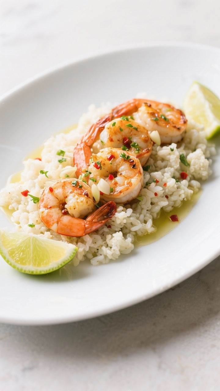 45-degree plated presentation of Garlic-Lime Shrimp with Cauliflower Rice: plump shrimp sautéed in olive oil and butter, speckled with minced garlic, sea salt, black pepper, and red pepper flakes; finished with lime zest and a juicy squeeze of lime; served atop fluffy cauliflower rice with visible grain-like texture; garnished with fresh lime wedges, bright and zesty styling on a white plate.