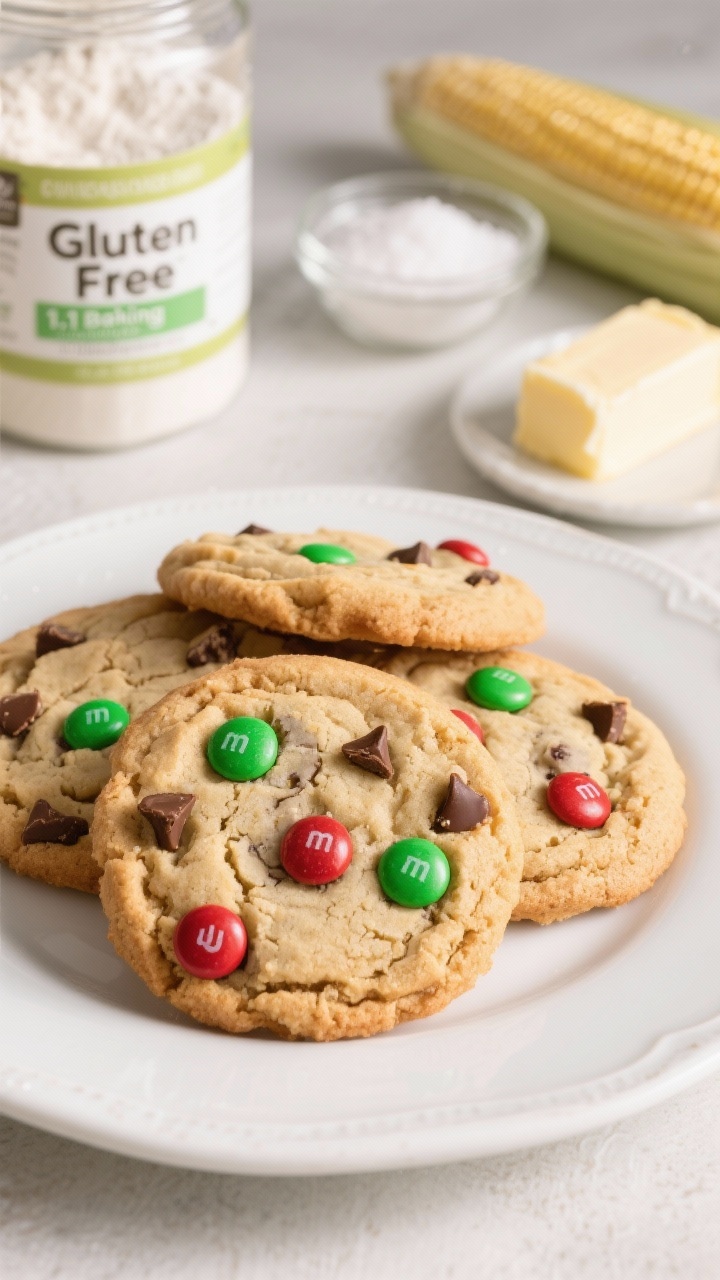 45-degree plated presentation of gluten-free bakery-soft M&M cookies on a white ceramic plate: thick, soft-baked cookies with slightly crisp edges, visible red/green M&Ms and chocolate chips, delicate crackle tops. Include a partial ingredient scene behind: a bag or jar labeled gluten-free 1:1 baking flour (with xanthan gum), cornstarch (or arrowroot), baking soda, fine sea salt, and a half-stick of room-temperature unsalted butter. Neutral, airy styling to signal gluten-free baking, natural daylight, sharp focus on crumb texture.