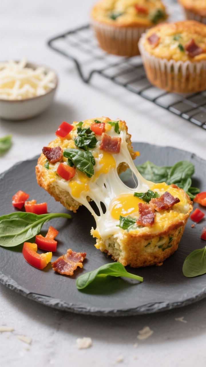 45-degree plated presentation of loaded veggie bacon muffins with extra cheese pull: a muffin split open and lifted to capture a stretchy mozzarella pull, flecks of chopped baby spinach, finely diced red and yellow bell peppers, and chopped bacon visible in the tender egg matrix; garnished with a scatter of extra peppers and spinach on a matte slate plate. Background includes a cooling rack with more muffins and a small bowl of shredded mozzarella. Bright, colorful styling emphasizing greens, reds, and yellows; shallow depth of field, no people.