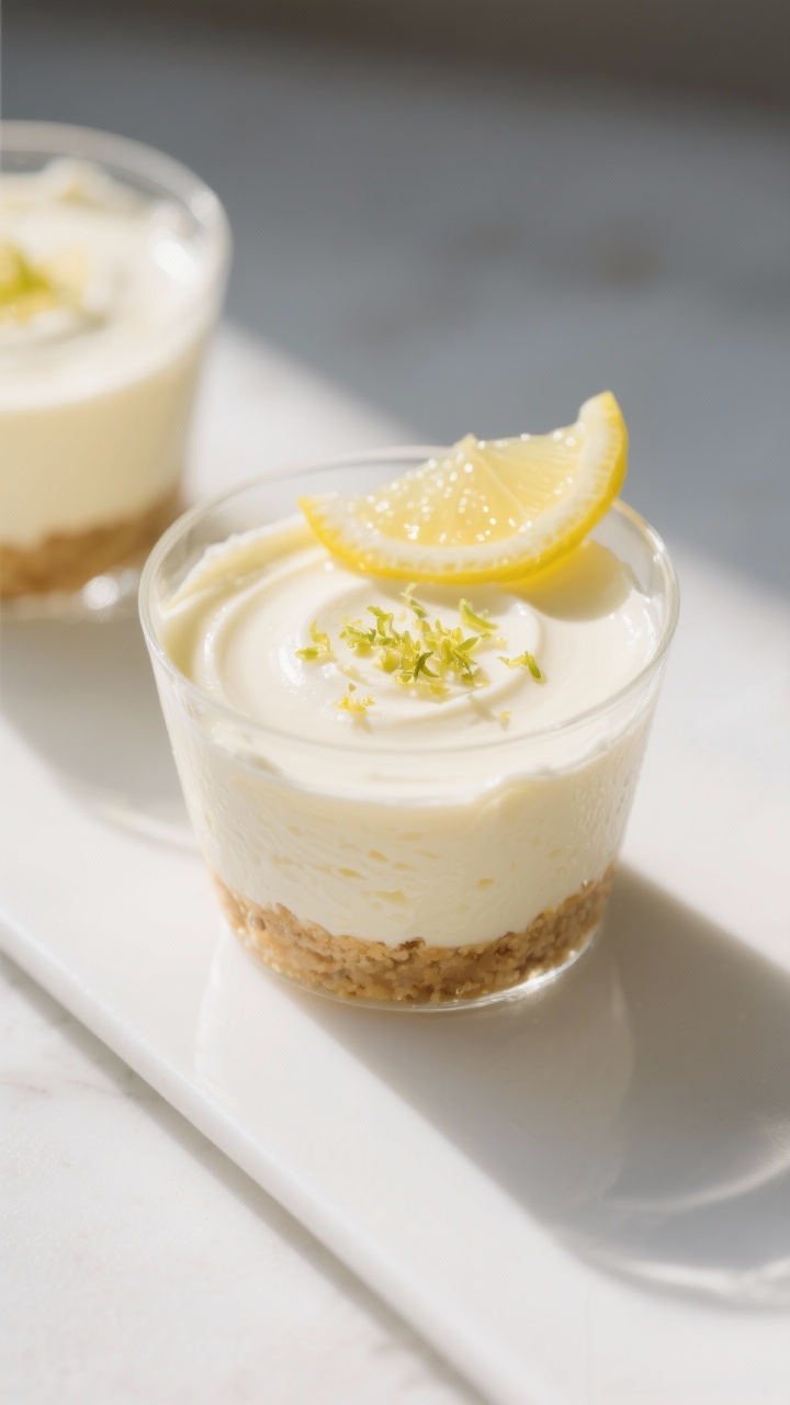 45-degree plated presentation of no-bake cheesecake cups: individual glass cups layered with silky cream cheese filling blended with keto sugar-free condensed milk and sour cream, topped with a glossy swipe of lemon zest and a micro-pour of fresh lemon juice glaze; subtle vanilla notes and a pinch of salt lift; garnished with a thin lemon twist; cool white surface and soft daylight to highlight the ultra-smooth, airy texture.