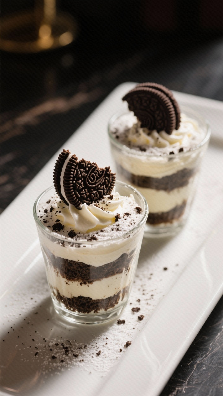 45-degree plated presentation of Oreo tiramisu mini cups in clear glass verrines: visible layers of crushed Oreo crumbs mixed with melted butter, mascarpone cream whipped with heavy cream, powdered sugar, and vanilla, alternating to create defined strata; dusting of fine Oreo crumble on top with a broken cookie shard for garnish; moody café lighting, soft shadows, creamy peaks in sharp focus.