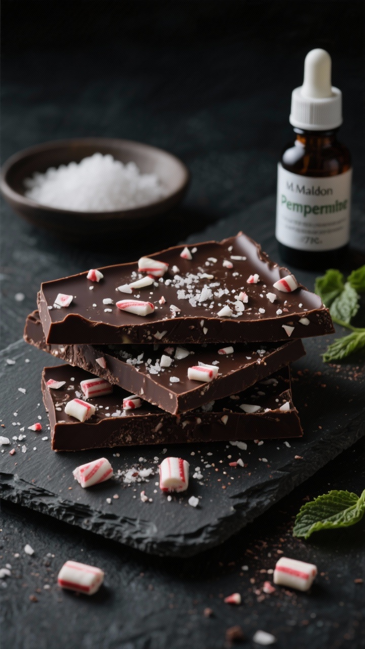 45-degree plated presentation of Salted Dark Chocolate Peppermint Bark for grown-up snacking: deep matte slabs of 70% dark chocolate bark studded with crushed peppermint candies, finished with visible flakes of Maldon sea salt glinting on the surface; pieces stacked casually on a slate board with scattered peppermint dust, a small dish of flaky sea salt, and a dropper bottle labeled peppermint extract in the background; moody, low-key lighting to emphasize contrast and the bittersweet sophistication, tight depth of field for a refined, adult feel.