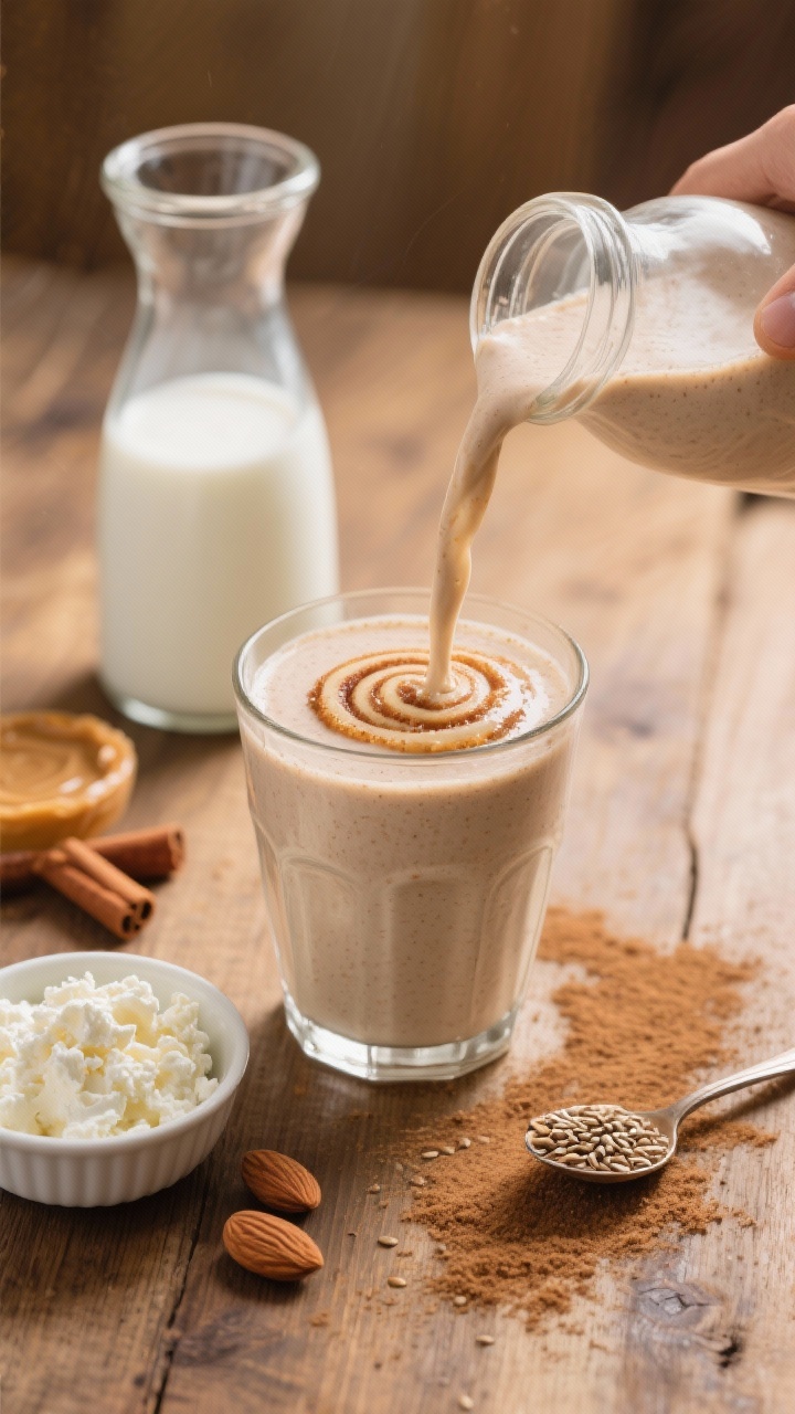 45-degree pour shot capturing a cinnamon roll–inspired keto smoothie flowing into a glass, thick and creamy from cottage cheese and vanilla protein, with cinnamon swirling through. On the surface: unsweetened almond milk in a carafe, full-fat cottage cheese in a ramekin, almond butter on a spoon, ground flaxseed sprinkled, and a small pile of cinnamon with a dusting trail. Warm Sunday-morning mood, soft highlights, rustic wooden table.