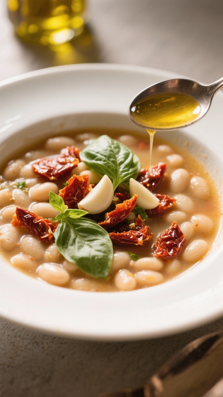 45-degree presentation of Sun-Dried Tomato & Basil White Bean Soup: brothy beans studded with chopped sun-dried tomatoes and garlic; basil leaves torn over the top; a spoonful of oil from the jar drizzled for shine; warm, inviting light.
