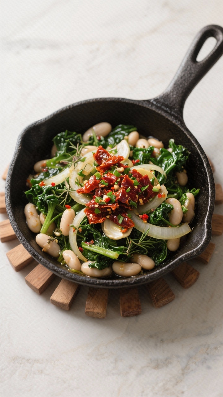 45-degree rustic skillet: white bean and kale sauté with thinly sliced onion and garlic, dried thyme, red pepper flakes, and cannellini beans, finished with a vibrant sun-dried tomato gremolata on top; olive oil sheen on kale leaves; served straight from a black cast-iron skillet on a wooden trivet for a cozy, hearty feel.