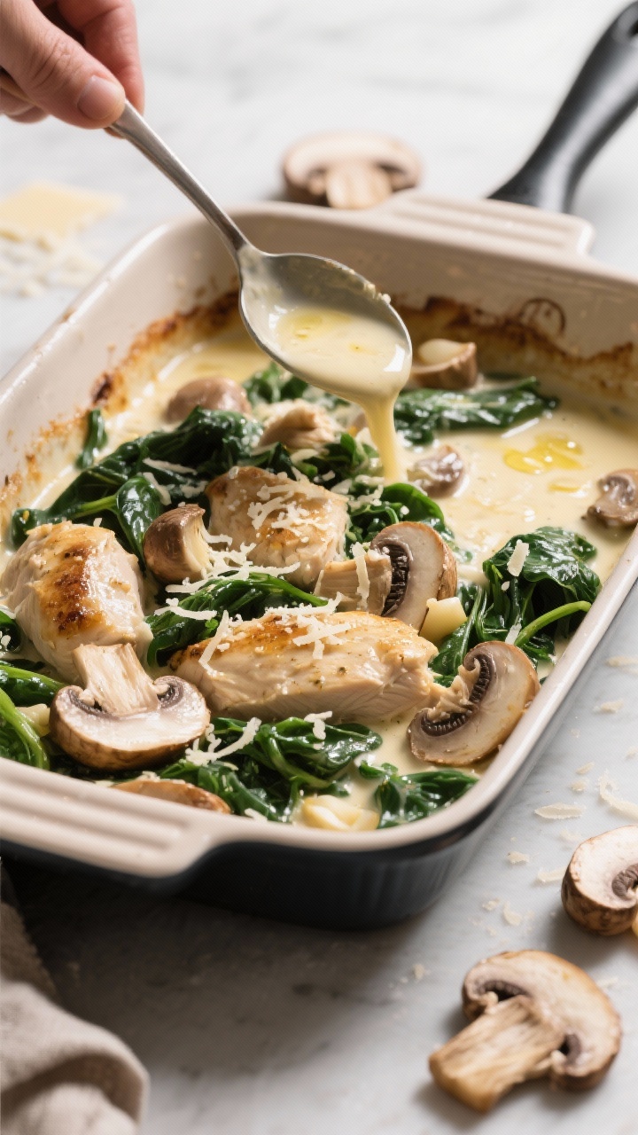 45-degree skillet-to-casserole process shot for Creamy Spinach & Mushroom Chicken Florentine Bake: cremini mushrooms sautéed in olive oil and butter with minced garlic, wilted baby spinach folded in, then cubed chicken coated with a silky sauce of heavy cream and chicken broth, finished with grated Parmesan. The mixture is being poured into a ceramic baking dish; glossy, creamy texture catches the light. Mushrooms glisten, spinach deep emerald, cheese lightly sprinkled on top, with a ladle and scattered cremini slices nearby.