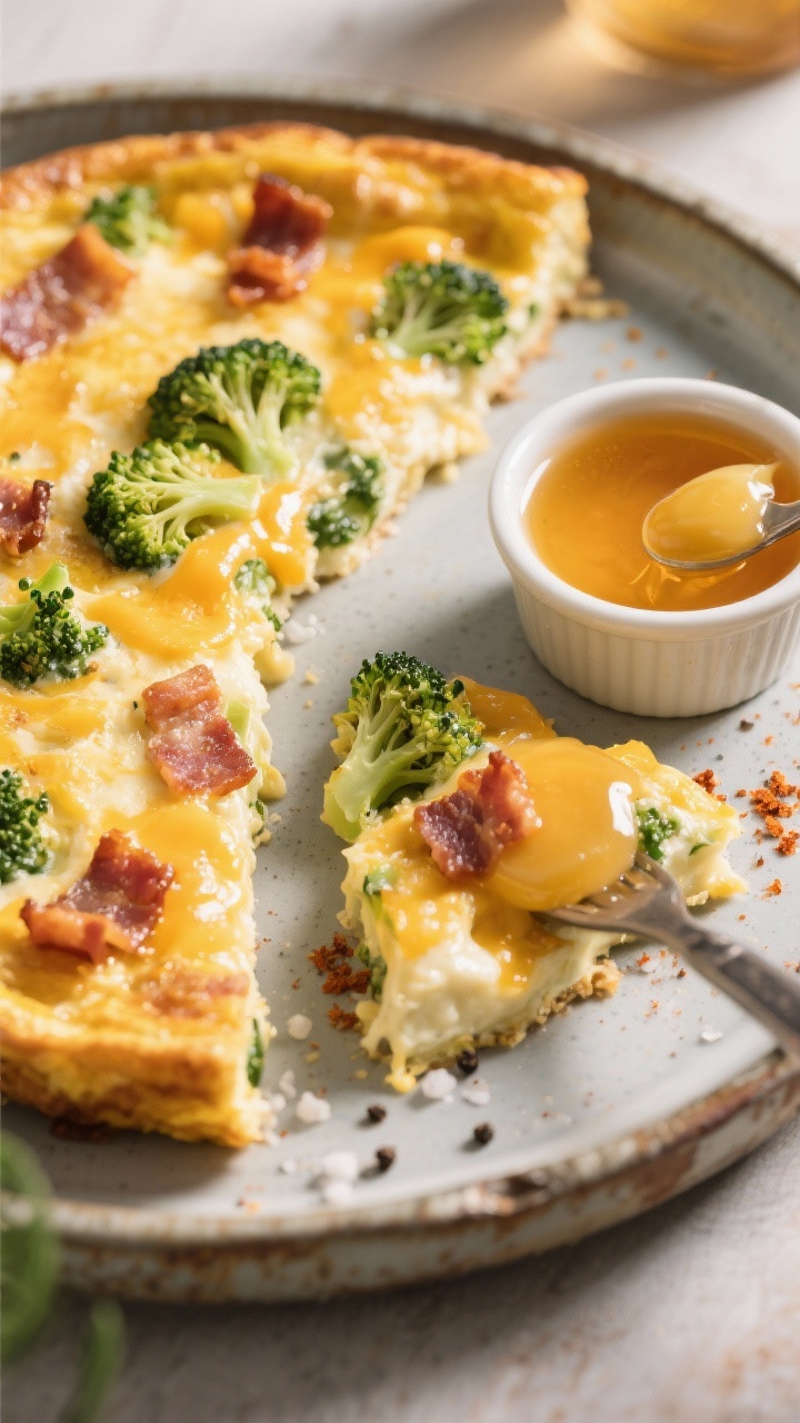 45-degree slice reveal of a cheesy broccoli and bacon frittata: golden top with melted sharp cheddar, pockets of green broccoli florets, and crisp bacon pieces; custardy interior from eggs and heavy cream; a small ramekin of hot honey butter being spooned or drizzled over a slice on the plate; sea salt, black pepper, and a hint of smoked paprika flecks visible; warm morning light on a rustic tin.
