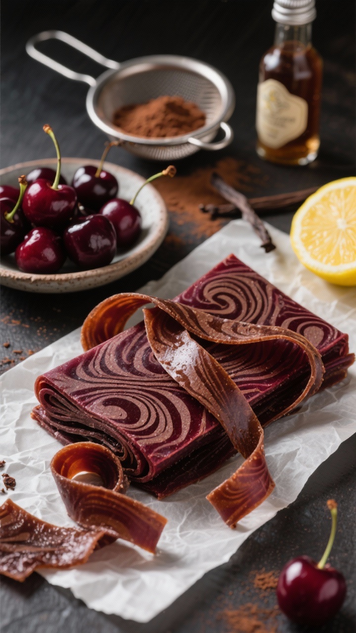 45-degree swirl shot of Black Forest Cherry-Cocoa fruit leather: deep burgundy cherry base with dramatic cocoa swirl patterns, cut into ribbons and loosely coiled on parchment; include a bowl of pitted dark sweet cherries, a sifter with cocoa powder, vanilla extract bottle, and a lemon wedge; rich, dessert-like mood with soft shadows and chocolatey depth.