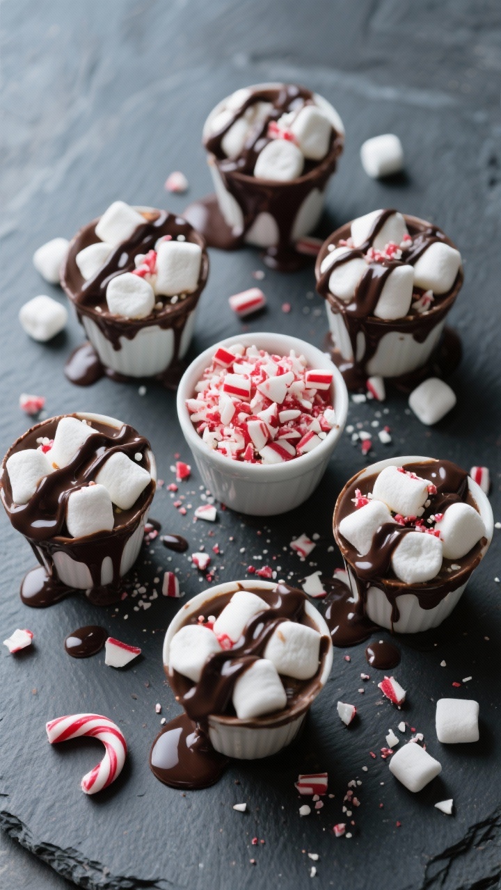 5 cups mini marshmallows, and 1 cup crushed peppermint candy pieces sprinkled throughout; drizzles of melted dark and white chocolate creating glossy ribbons; cool-toned lighting to make the chocolate gleam, crushed peppermint adding red-and-white sparkle; a few shards of peppermint candy and stray marshmallows on a slate surface for texture contrast.