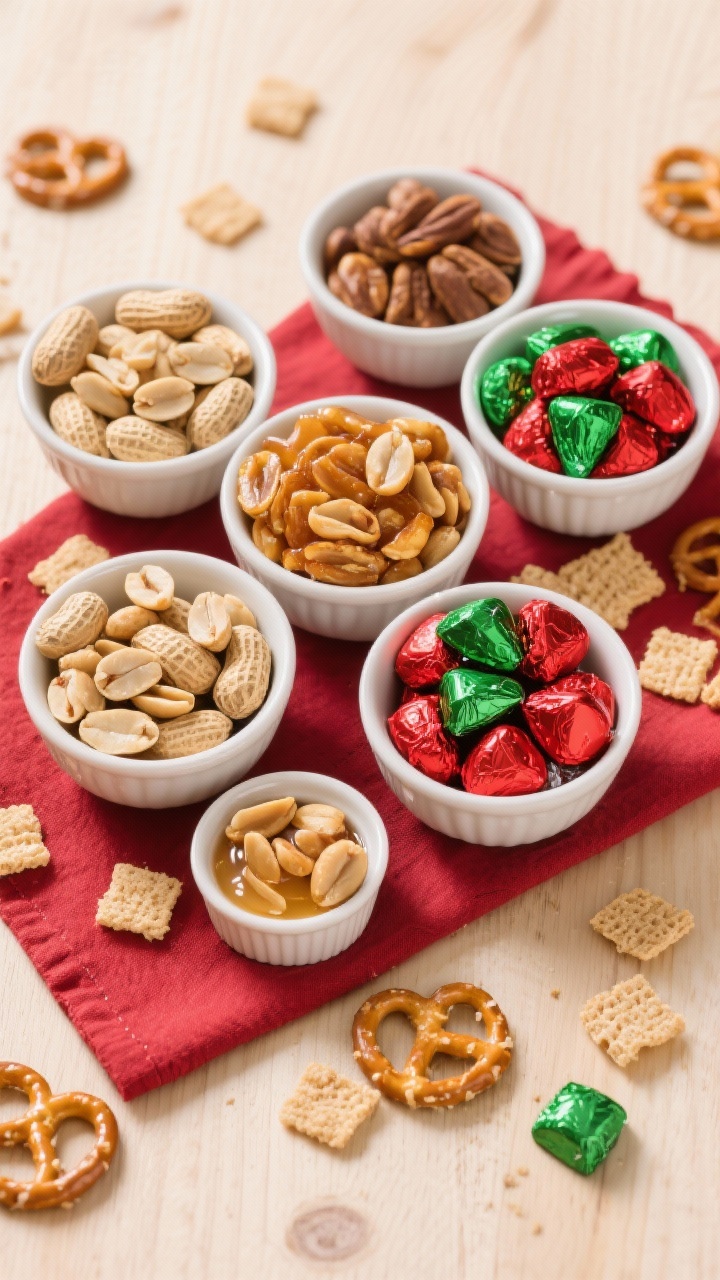 5 cups salted roasted peanuts, 1 cup honey-roasted peanuts, and festive red and green chocolate candies; bright, punchy lighting to emphasize crisp textures and glossy candy shells; scattered extra cereal squares and pretzels around the bowl on a light wood surface, with a small ramekin of honey-roasted peanuts for detail; no people, clean holiday vibe with a subtle red linen napkin.