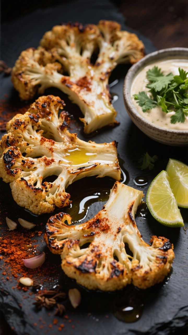 5 inch cauliflower slabs with charred edges and caramelized florets, dusted with smoked paprika, chili powder, cumin, garlic powder, and onion powder, glistening with olive oil, lime wedges on the side, a small bowl of cilantro “crema” made with blended cilantro and lime set nearby for drizzling; moody lighting to emphasize the smoky spices and browned texture, no people.