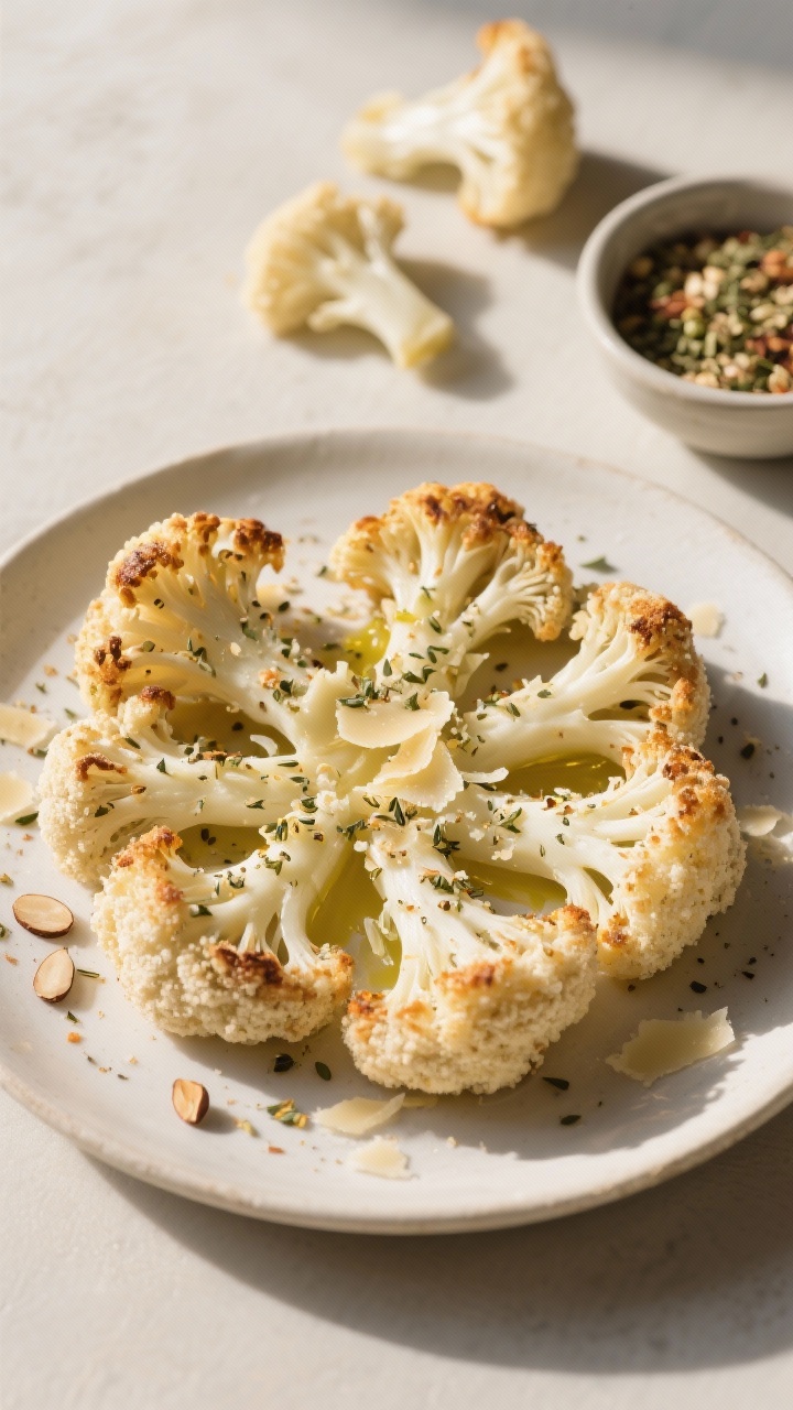 5-inch florets coated in almond flour, egg white, olive oil, and sprinkled generously with Everything seasoning and a touch of Parmesan. A few raw florets and a small bowl of Everything blend in the background. Warm directional light highlighting craggy, toasted edges, minimal styling.