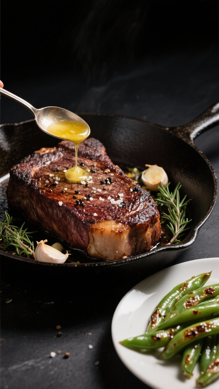 5 inches thick, with a deep mahogany crust, sea salt and black pepper visible. Spoon basting action frozen mid-drip with melted butter foaming, smashed garlic cloves and sprigs of fresh thyme or rosemary in the pan. Side plate shows glossy garlic green beans with a few blistered spots. Dark background, directional light, highlighting rich fat and satiety.