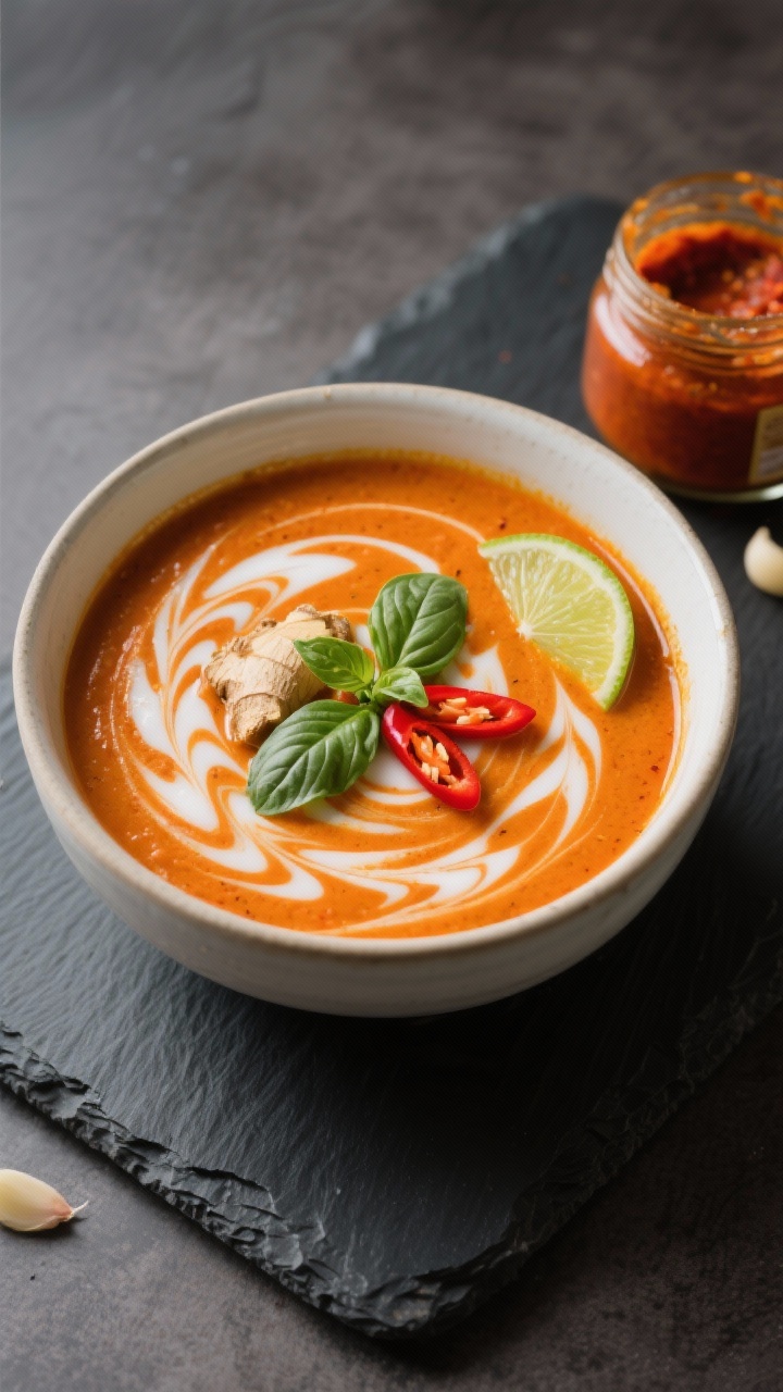 A 45-degree angle bowl shot of Thai-style red curry pumpkin soup: ultra-smooth pumpkin purée base colored a deep orange-red from red curry paste, coconut milk swirls creating marbled patterns; ginger and garlic warmth; topped with Thai basil, a few thin red chili slices, and a lime wedge; presented on a slate board with the curry paste jar nearby.