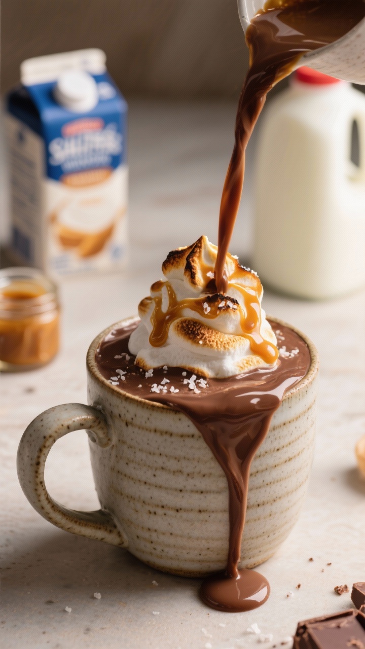 A 45-degree angle, close-up pour shot of Salted Caramel Velvet hot chocolate flowing into a stoneware mug, silky ribbons from milk and dark chocolate blend with 1/3 cup caramel sauce; a torched, deeply golden toasted marshmallow cloud piled on top, caramel drizzle and flaky sea salt glistening; background shows whole milk and half-and-half carton hints, extra caramel in a small jar, soft warm lighting, indulgent amber and chocolate hues