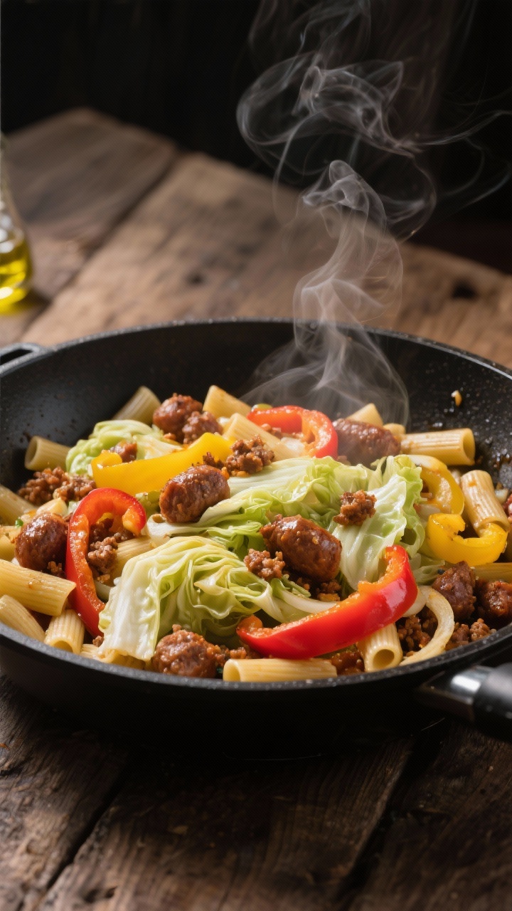 A 45-degree angle, one-pan scene of sausage and peppers “rigatoni” made with cabbage ribbons: browned crumbles of Italian sausage nestled with thinly sliced yellow onion, red and yellow bell peppers, and wide pale-green cabbage strips mimicking pasta; steam rising from a large black skillet; a drizzle of olive oil catching the light; rustic wooden table, minimal props, vibrant peppers providing color contrast.