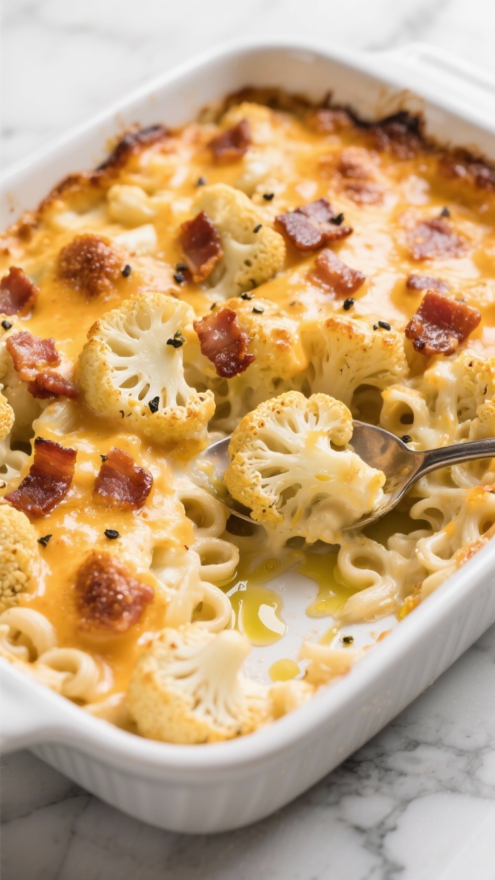 A 45-degree angle shot of a cheesy cauliflower “mac” bake fresh from the oven: small cauliflower florets coated in a rich cheese sauce with bubbling browned spots on top, scattered crispy bacon pieces glistening, specks of black pepper visible; served in a white enamel baking dish on a marble counter, with a spoon revealing the gooey interior and olive oil-drizzled florets around the edges for texture contrast.