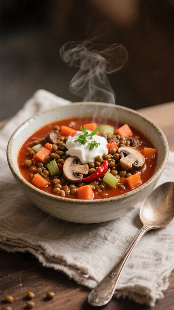A 45-degree angle shot of a hearty lentil and mushroom chili served in a wide, shallow ceramic bowl: finely chopped cremini mushrooms and brown lentils giving a “meaty” bite; visible diced carrots and celery, onion and garlic, tomato paste sheen, chili spices blooming; thick, brick-red stew with a dollop of dairy-free sour cream and chopped parsley; warm, cozy tones, linen napkin and a vintage soup spoon, steam gently rising.