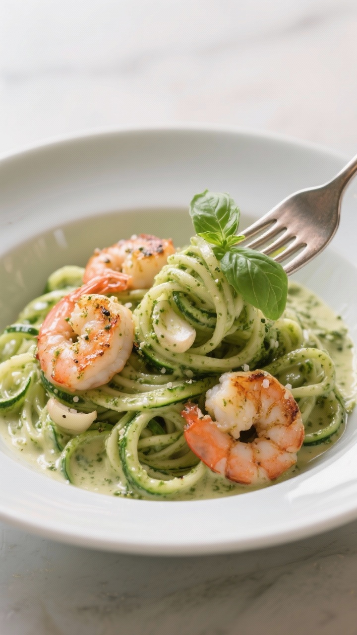 A 45-degree angle shot of creamy pesto zoodles with pan-seared shrimp: spiralized zucchini coated in a silky pesto-cream sauce, topped with large shrimp seared to a light char, seasoned with sea salt, black pepper, and garlic; glossy noodles twirled on a fork resting on the bowl’s rim, olive oil highlights, fresh basil garnish; light, fresh color palette with greens and pink-orange shrimp.